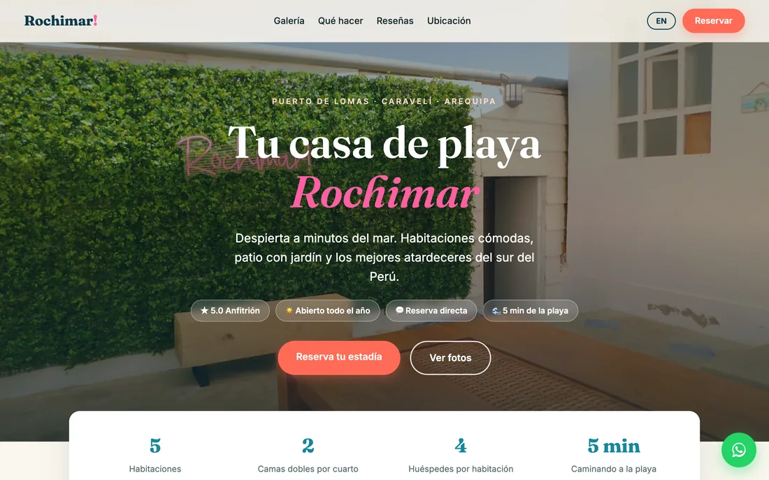 The Rochimar website, a beach house rental in Puerto de Lomas, Peru